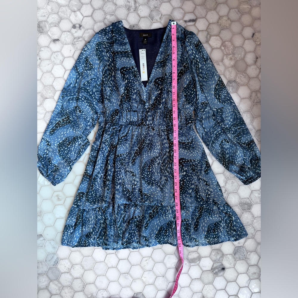 AQUA Blue Multi Print Long Sleeve Tiered Mini Dress Size M NWT - Picture 4 of 8